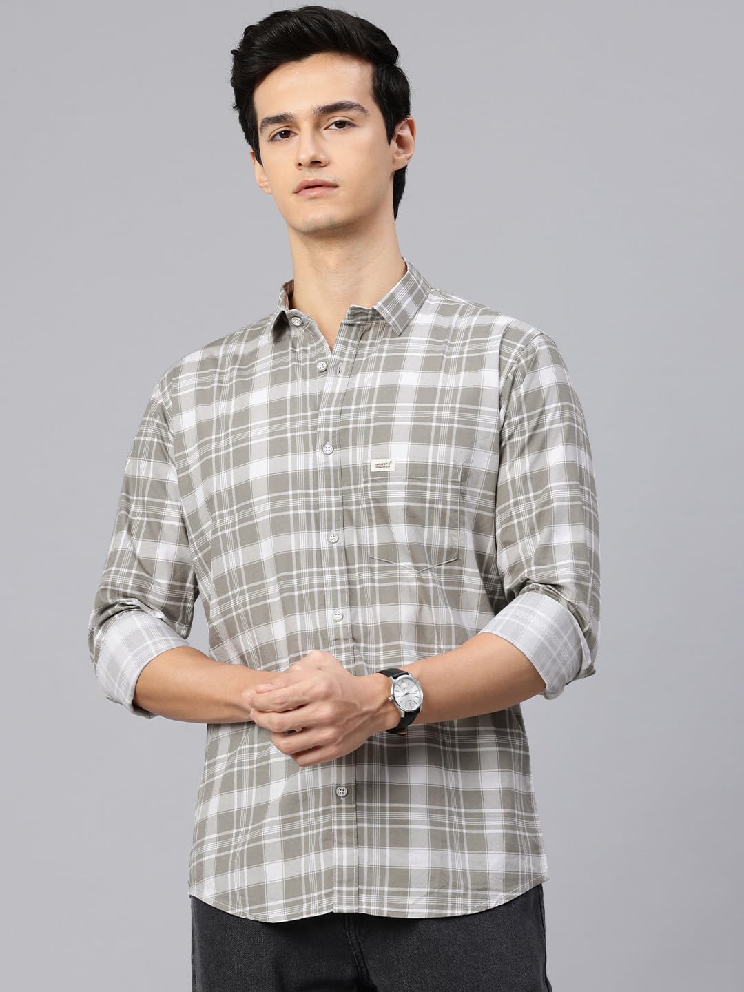 Majestic Man Checked Cotton Shirt - Dusty Olive - Image 2