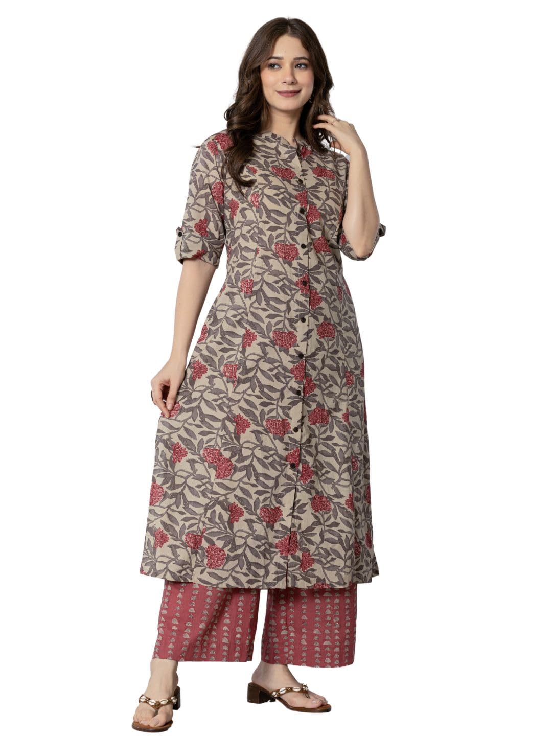 rytras Maroon Cotton Printed A-Line Kurta Set for Women - Image 3