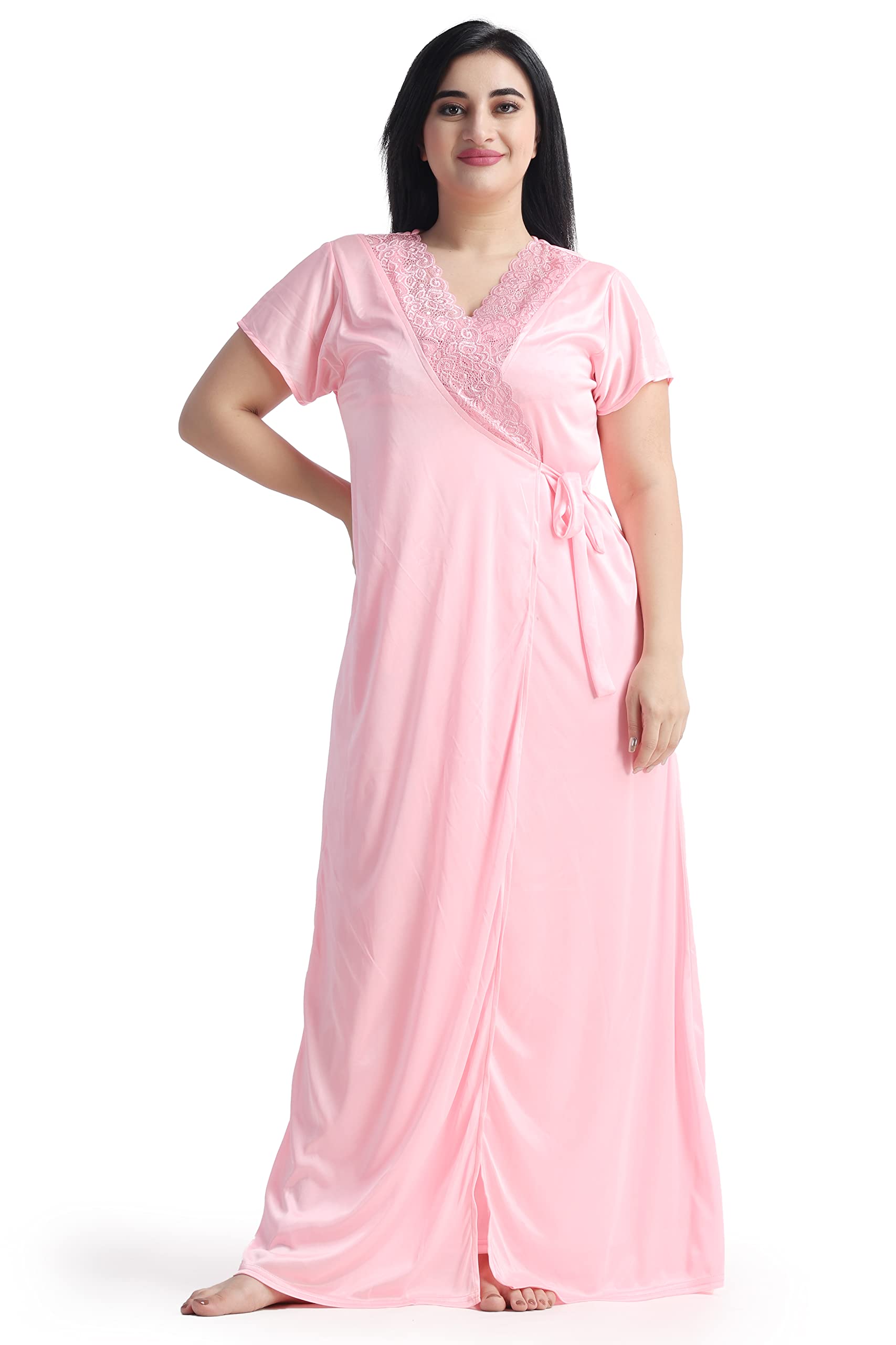 GarbGlide Women Nighty with Robe - Baby Pink - Image 4