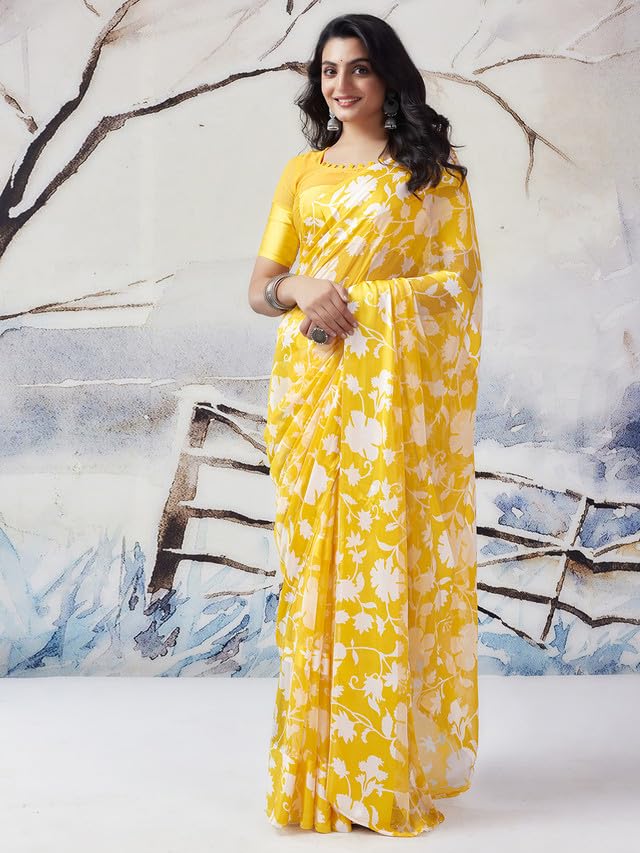 Satrani Georgette Floral Saree - Yellow - Image 2