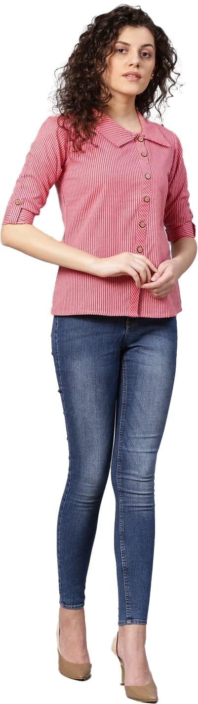 Yash Fashion Women's Cotton Stripe Printed Straight Top - Pink - Image 4