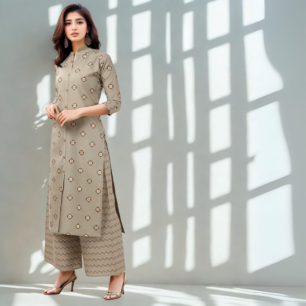 SHIENZY Women's Cotton Blend Kurta Pant Set - Beige - Image 5