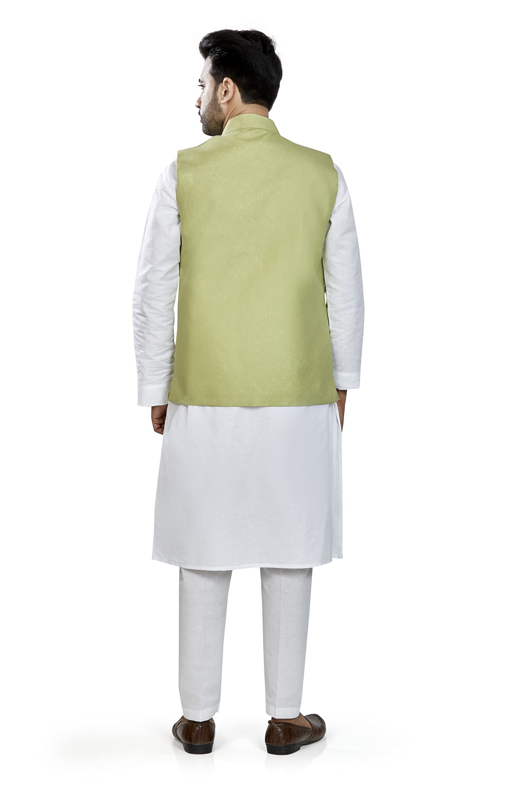 Linen Blend Nehru Jacket for Men - Olive Green - Image 3