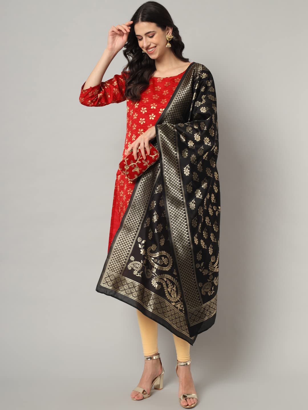 VredeVogel Silk Blend Kurta with Banarasi Dupatta - Red - Image 3
