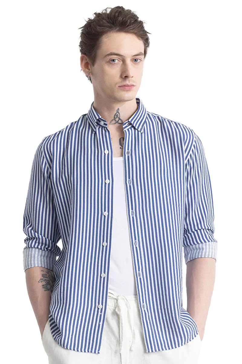 U TURN Men's Cotton Casual Shirt - Darkblue White - Image 5
