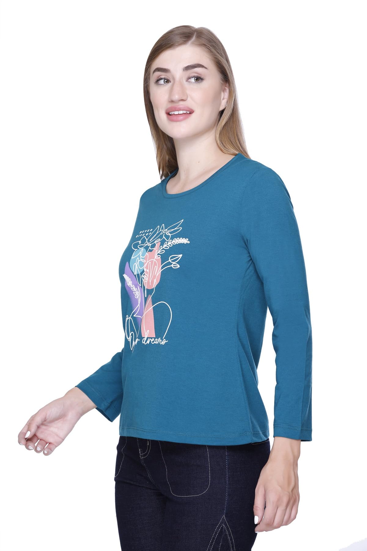 Star Touch Teal Full Sleeve Cotton T-Shirt for Women - Image 4