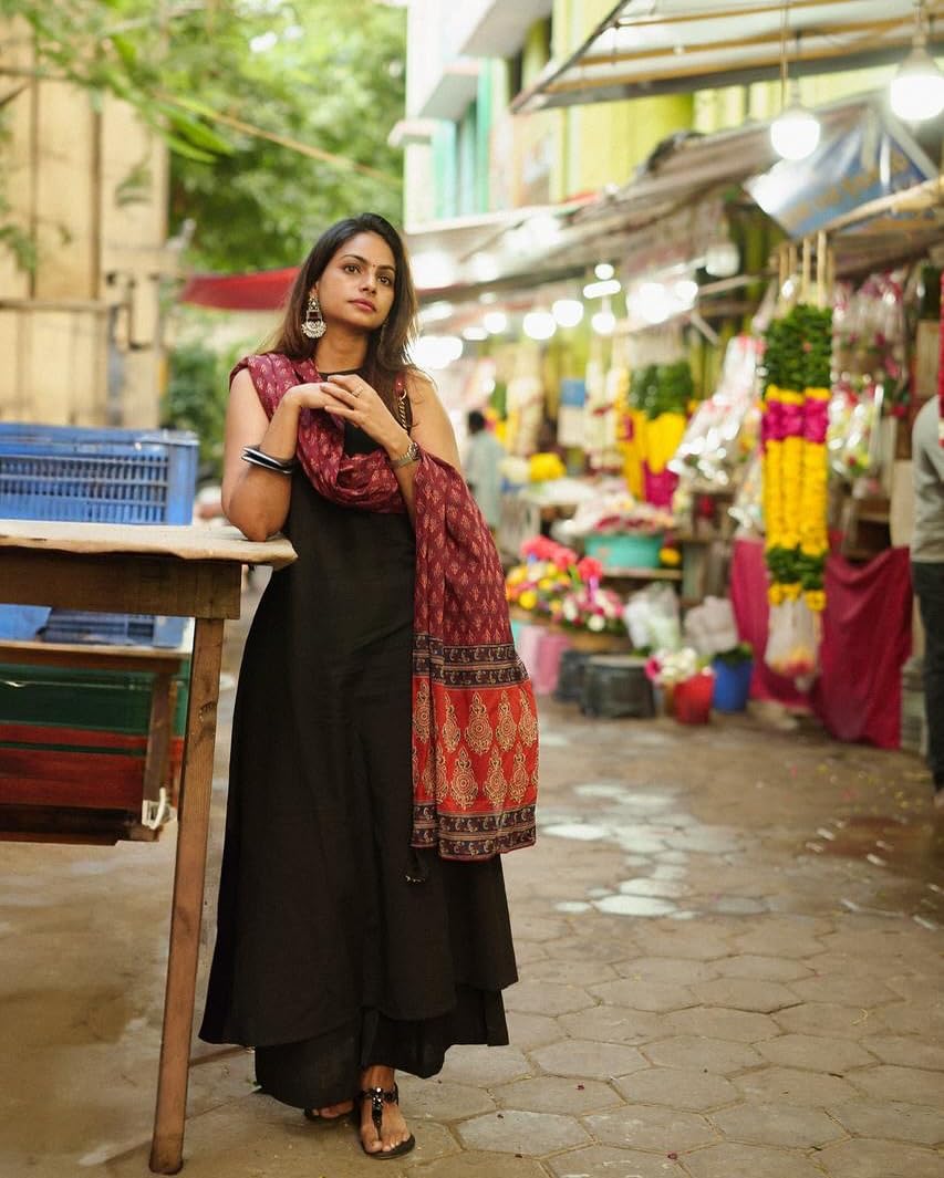 ANNI DESIGNER Women's Rayon A-Line Kurta with Palazzo & Dupatta - Black - Image 3