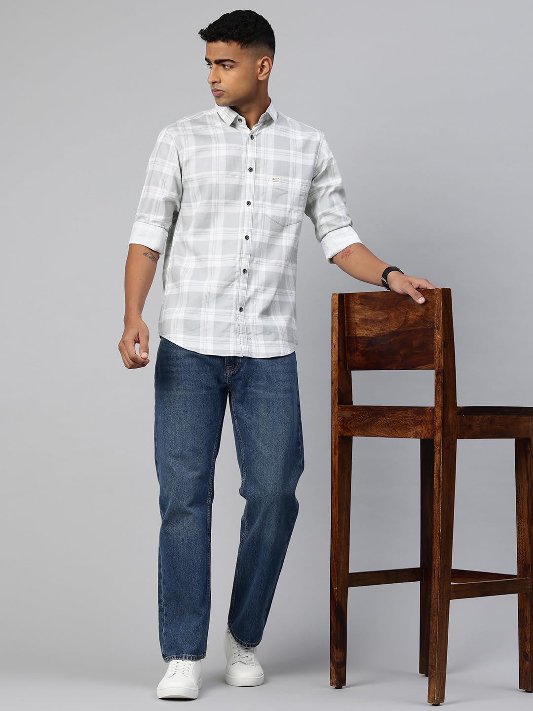 Majestic Man Checked Cotton Shirt for Men - Light Grey - Image 5