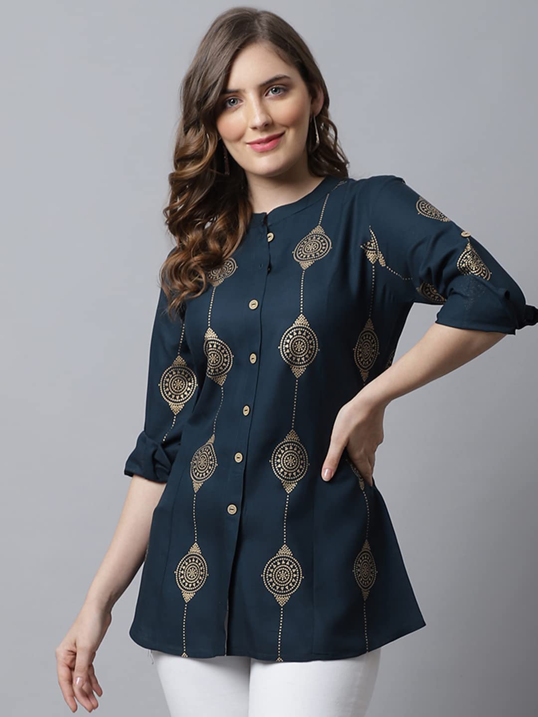 Pistaa Women Viscose Printed Kurti - Teal Blue - Image 2