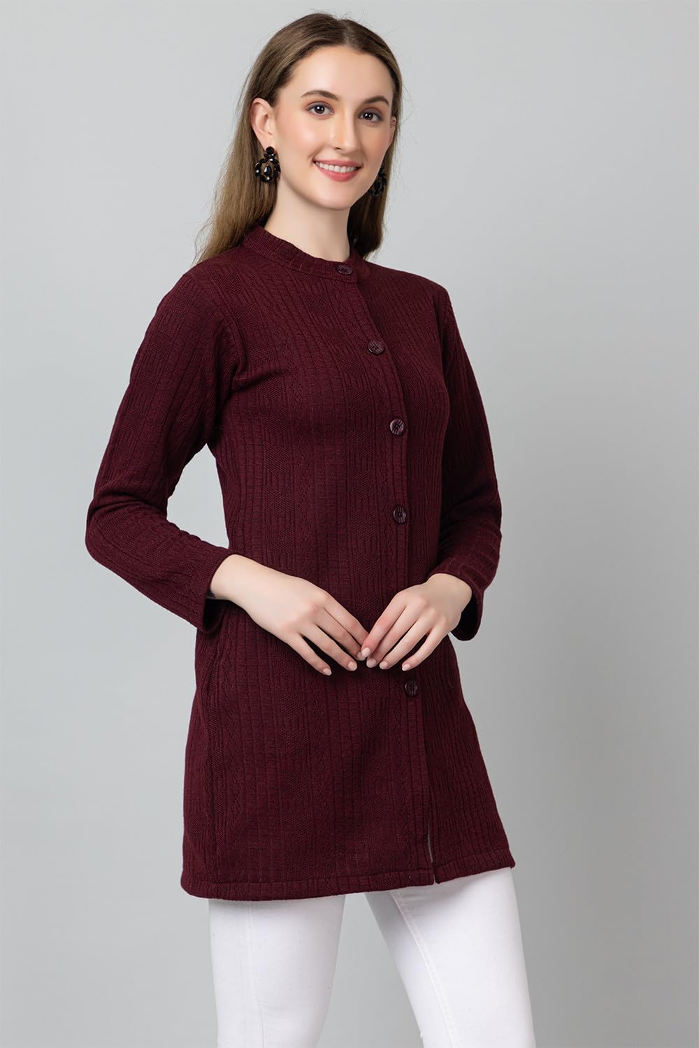 HIFZAA Women's Woolen Cardigan - Wine - Image 3