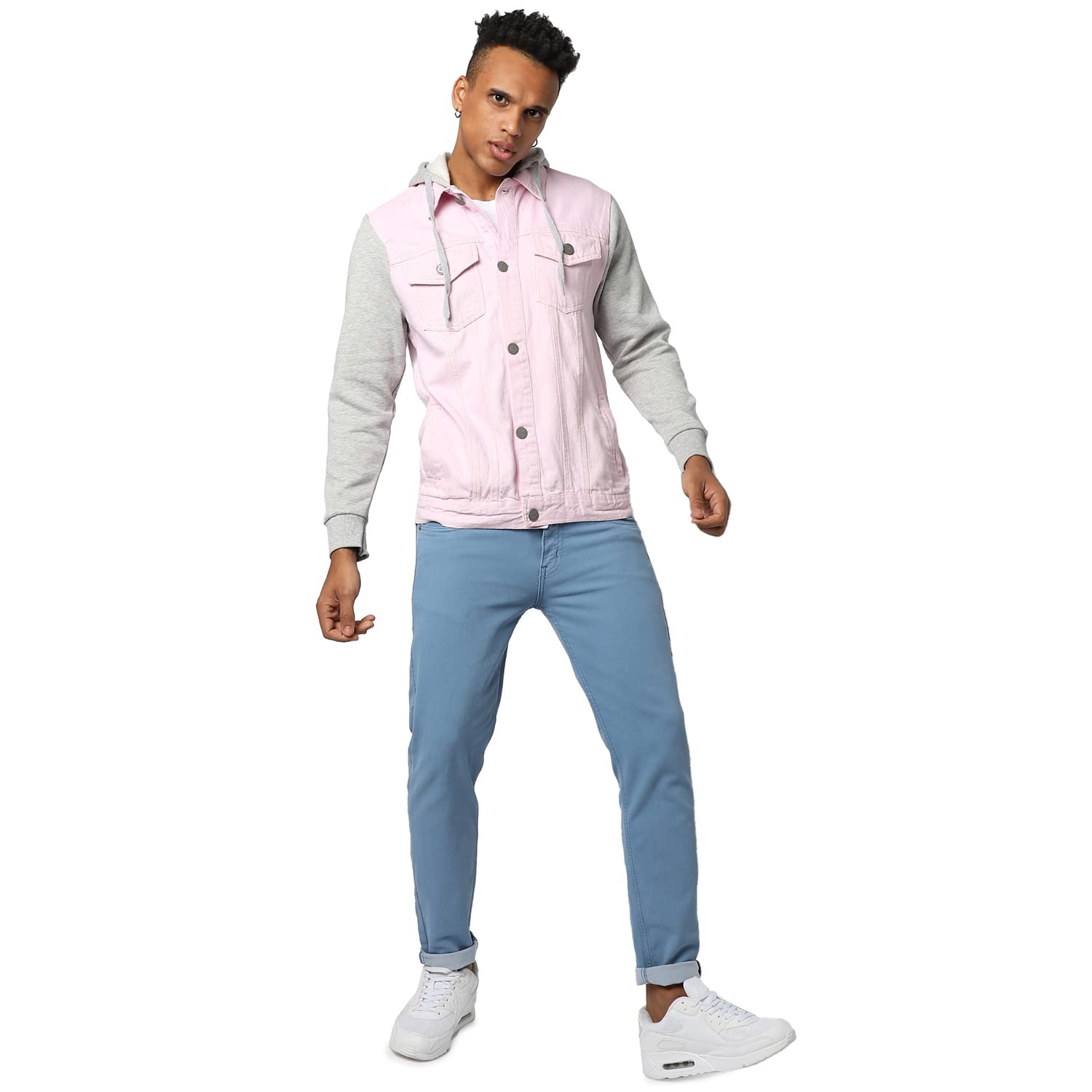 Campus Sutra Men's Pink Grey Denim Jacket with Hoodie - Image 4