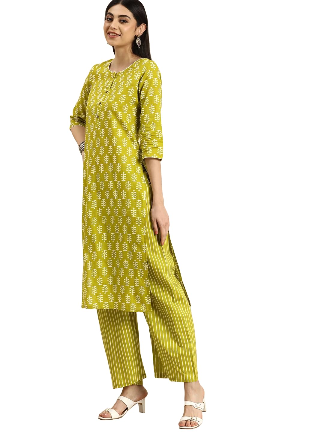 MEERA FAB Women's Cotton Printed Kurta With Palazzo - Green - Image 2