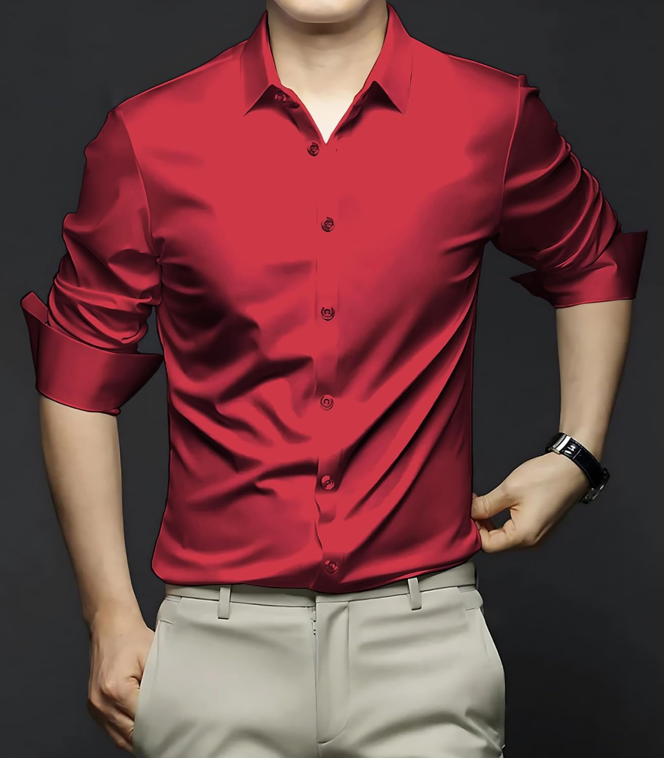 DEELMO Men Satin Casual Shirt - Red - Image 2