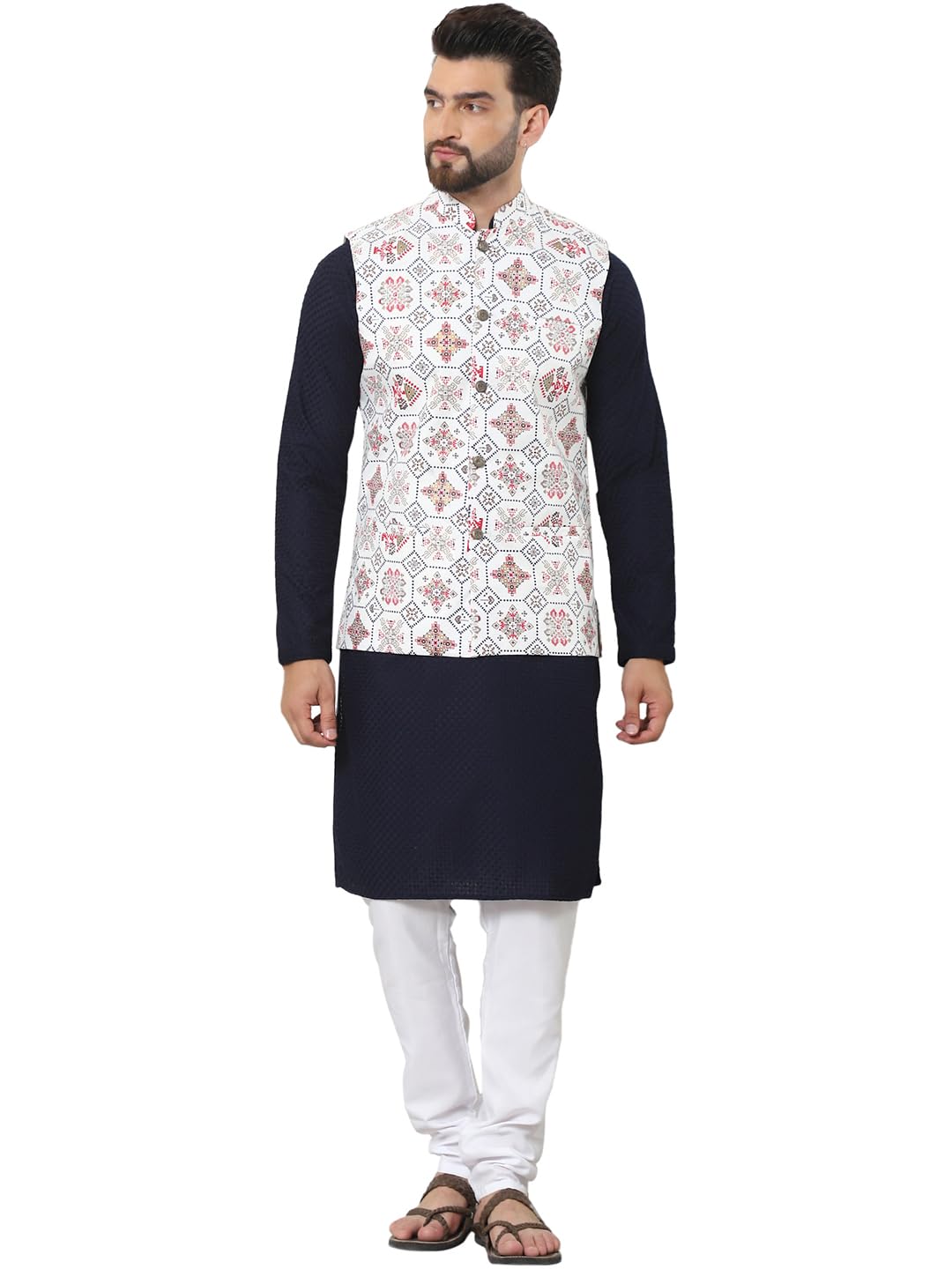 SOJANYA Men's Navy Kurta Pyjama Set with Cream Nehru Jacket