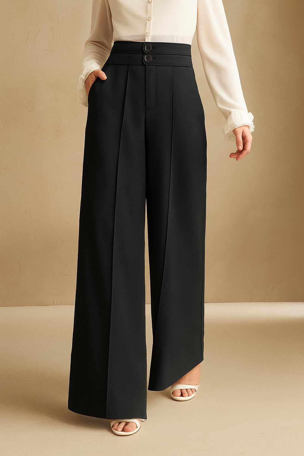 SAKHWALA High Waist Wide Leg Trousers for Women - Beige Grey Pink - Image 4