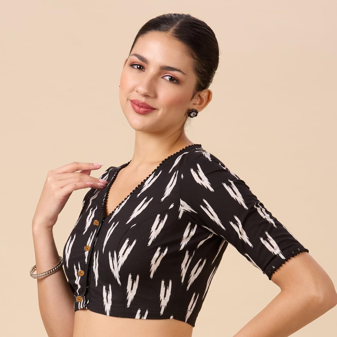 Studio Shringaar Women's Black Cotton Block Printed Saree Blouse - Image 5