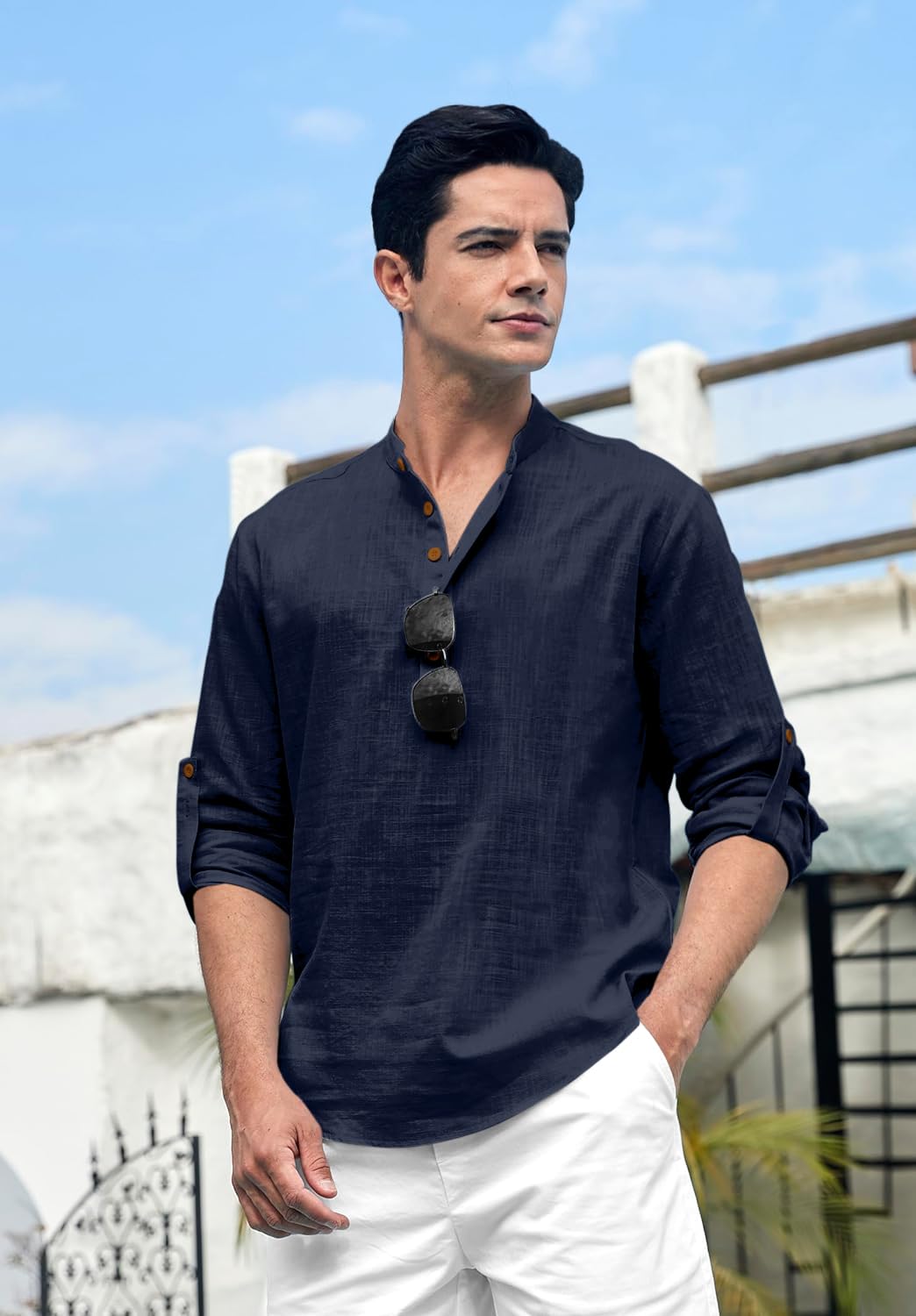 Zombom Navy Blue Cotton Blend Kurta for Men - Image 4
