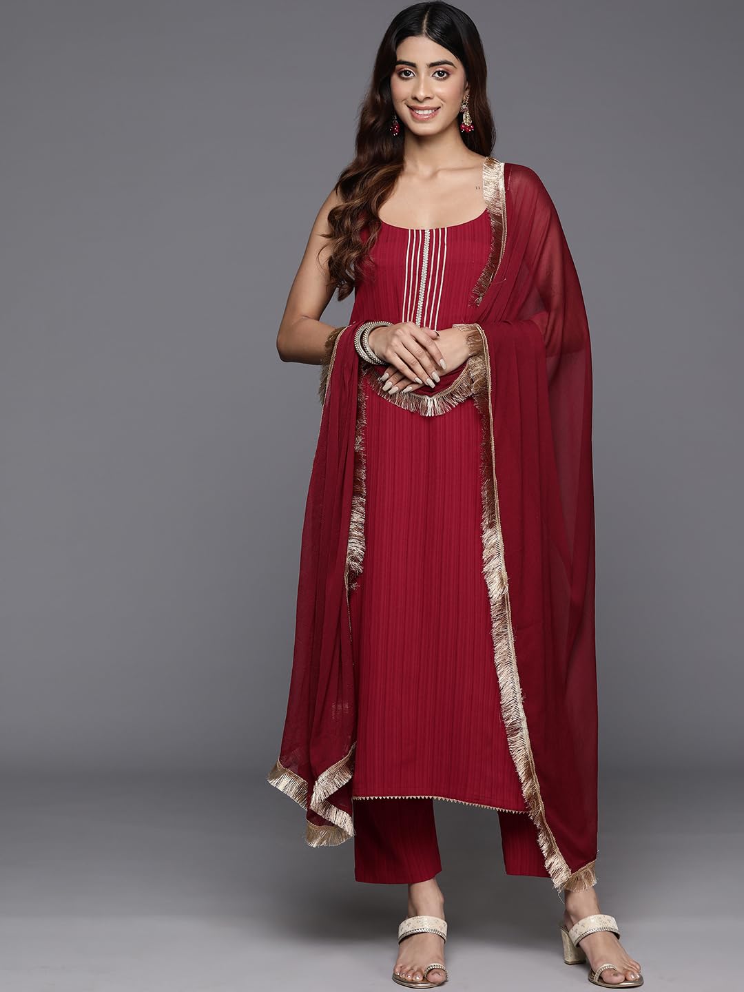 Varanga Women Kurta Paired with Tonal Bottom - Maroon - Image 2