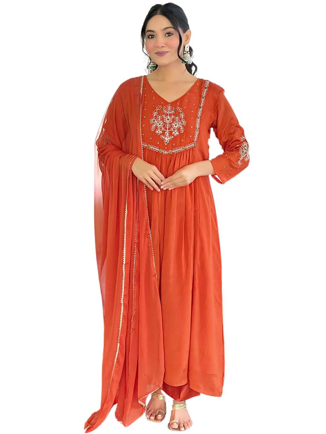 Naixa Women's Orange Embroidered Kurta