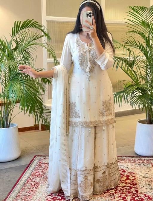 White Embroidered Sharara Suit Set - Image 2