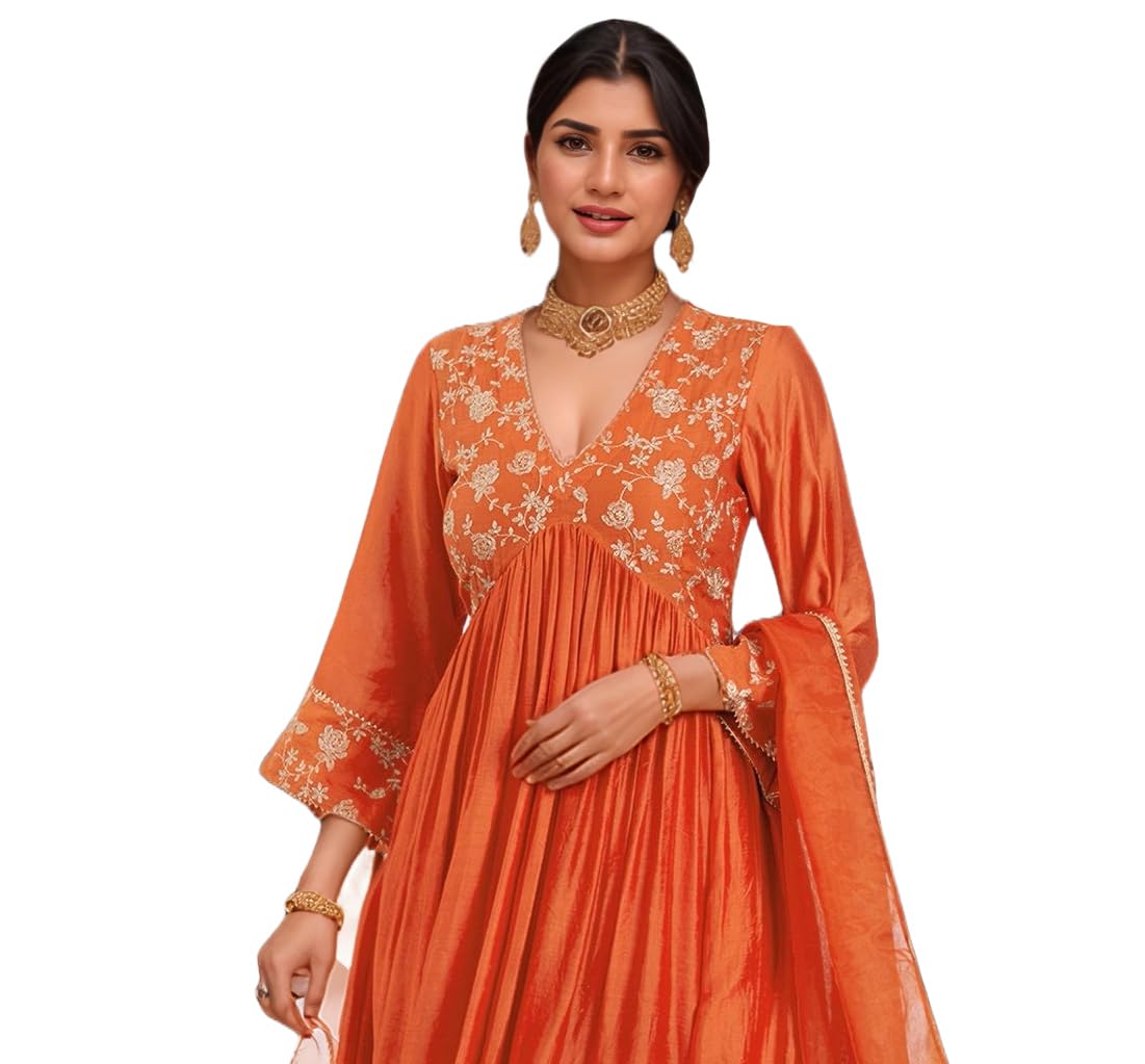 ANNI Women's Rayon Anarkali Kurta with Pant & Dupatta - Kanakam Orange