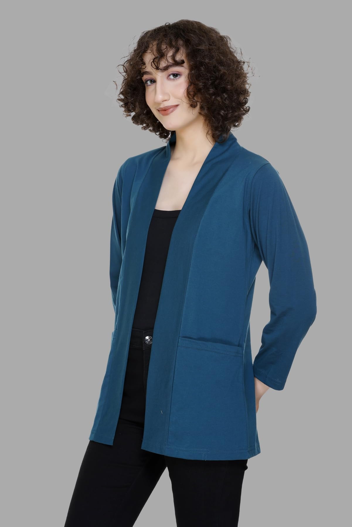 Plush Women's Cotton Waterfall Shrug - Peacock Blue - Image 5
