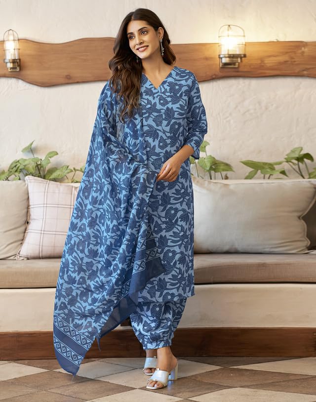 SIRIL Women's Printed Cotton Kurta Set - Light Blue - Image 2
