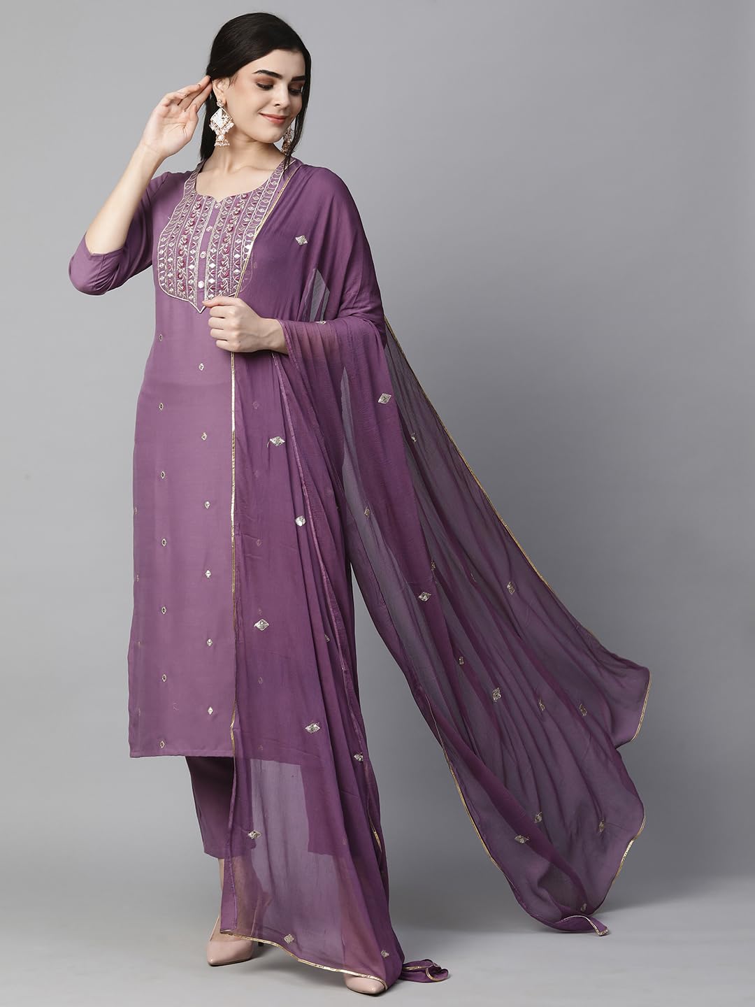 GoSriKi Kasturi Purple Embroidered Cotton Kurta Set for Women - Image 3