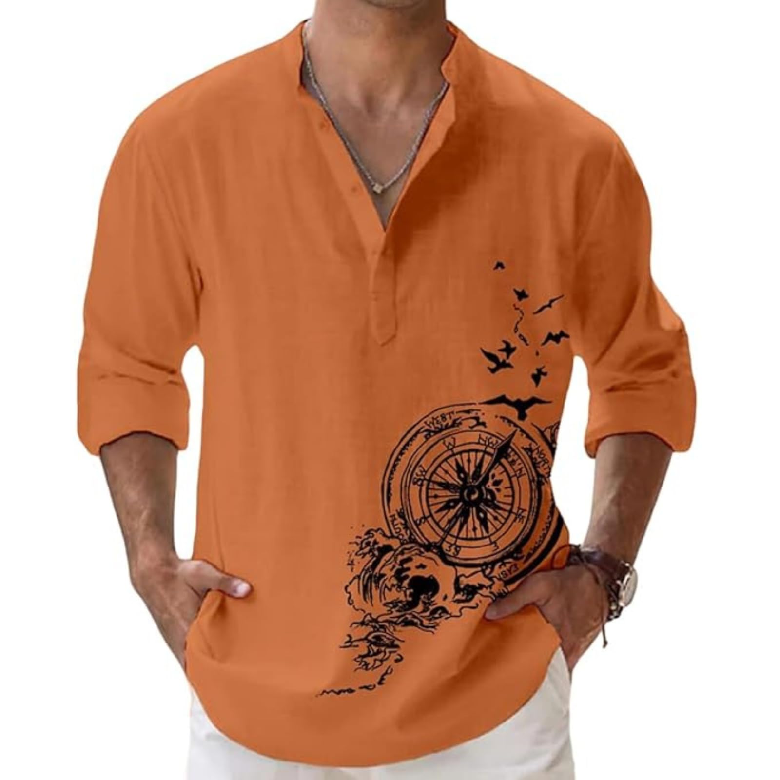 DEELMO Orange Mandarin Collar Kurta for Men