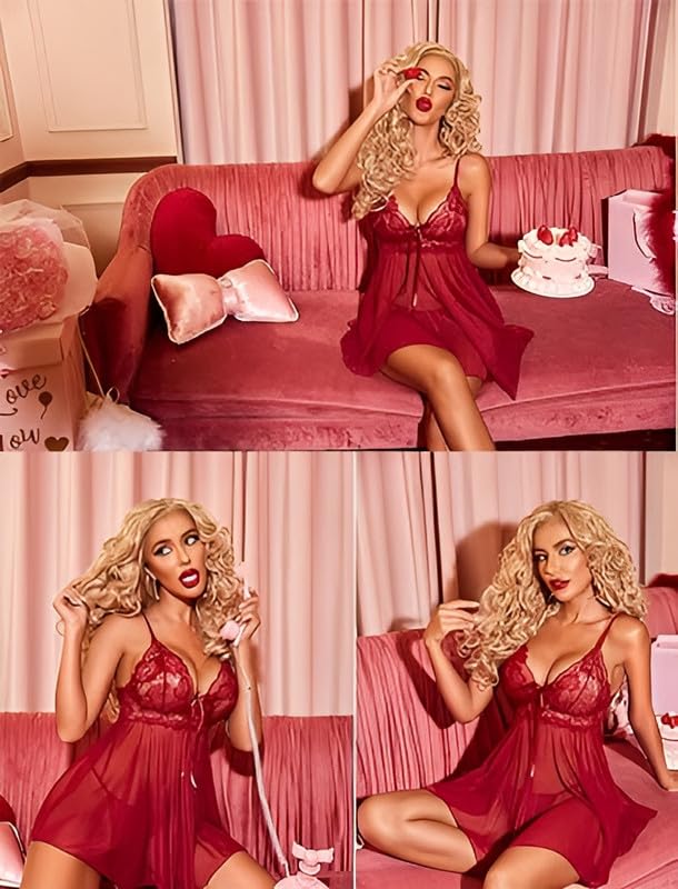 Love Maker Women Solid Net Lace Babydoll Lingerie - Image 2