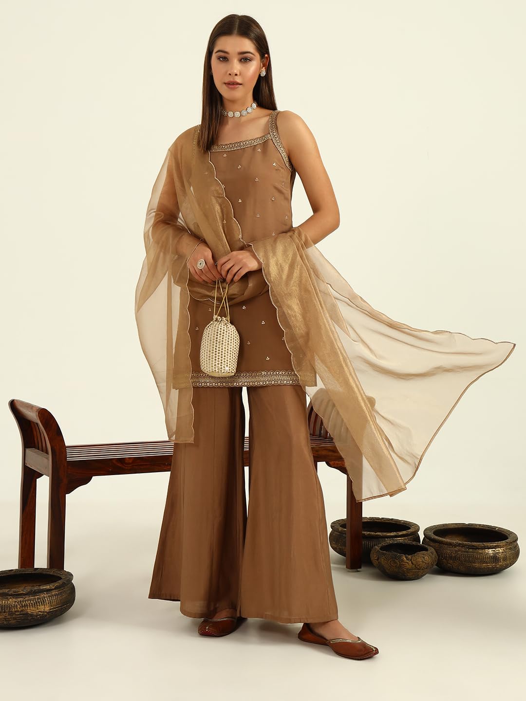 FIORRA Brown Chanderi Kurta Set for Women - Image 5