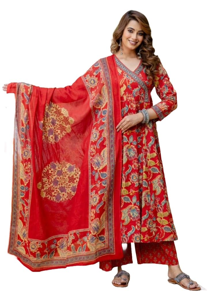 Nermosa Women Printed Anarkali Kurta Set - Red