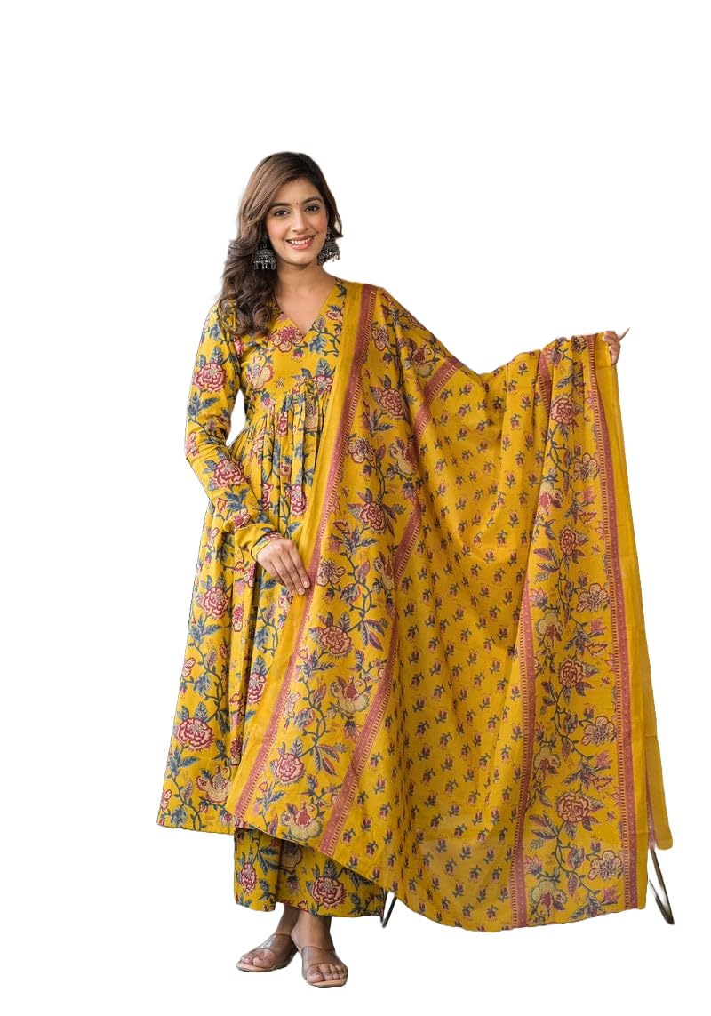 MEERA FAB Women's Cotton Blend Anarkali Kurta - Yellow