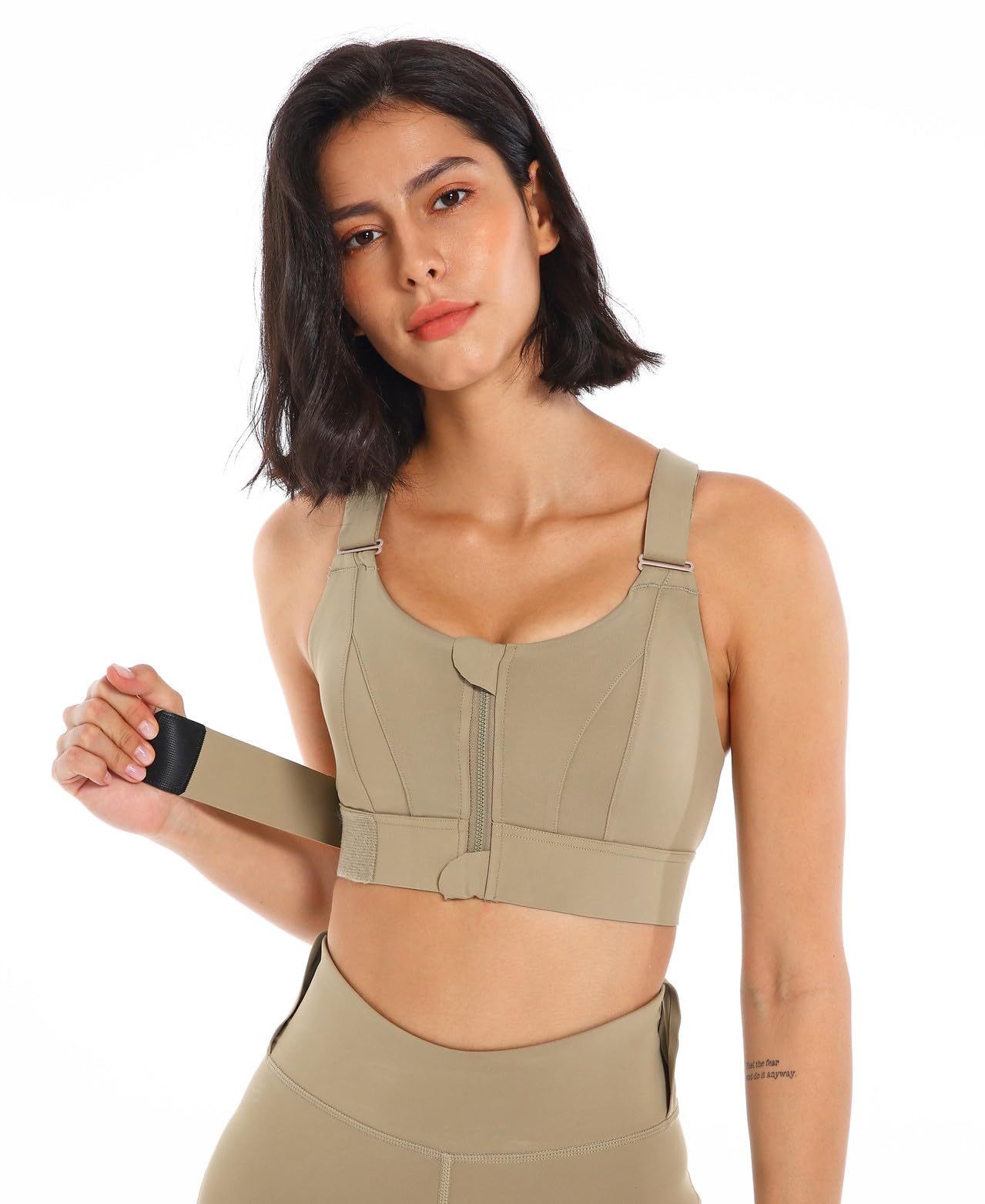 PLUMBURY Women's Padded Front Zip Sports Bra - Army Green