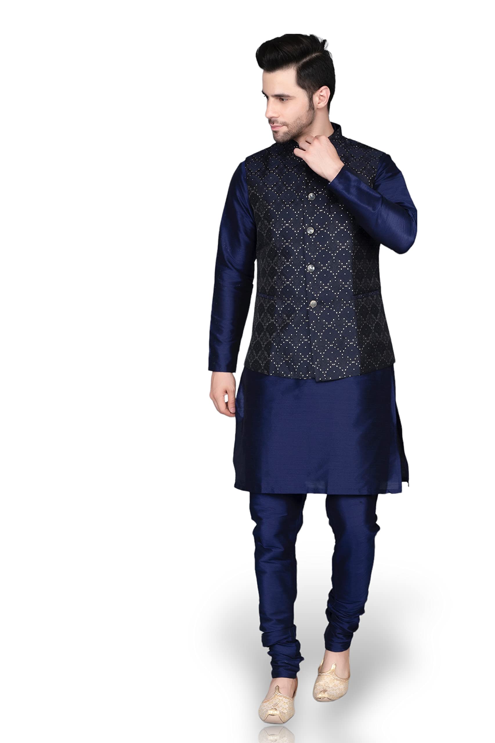 Ethluxis Men Silk Blend Kurta Pyjama Set - Navy
