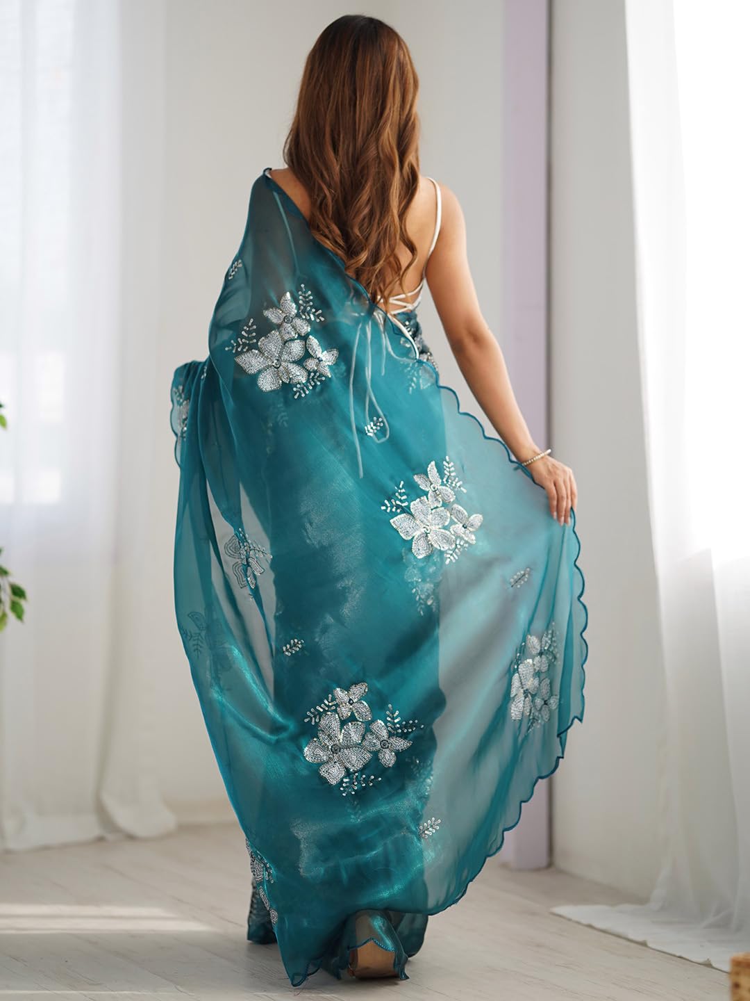 AKHILAM Women's Teal Blue Shimmer Organza Saree - Image 2