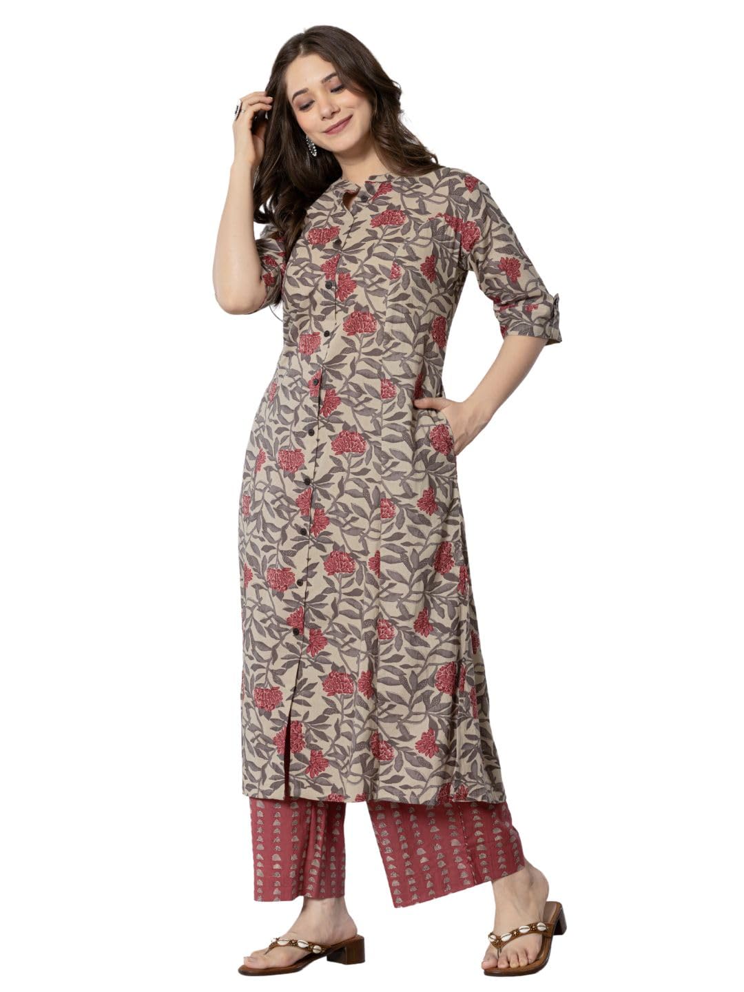 rytras Maroon Cotton Printed A-Line Kurta Set for Women - Image 4