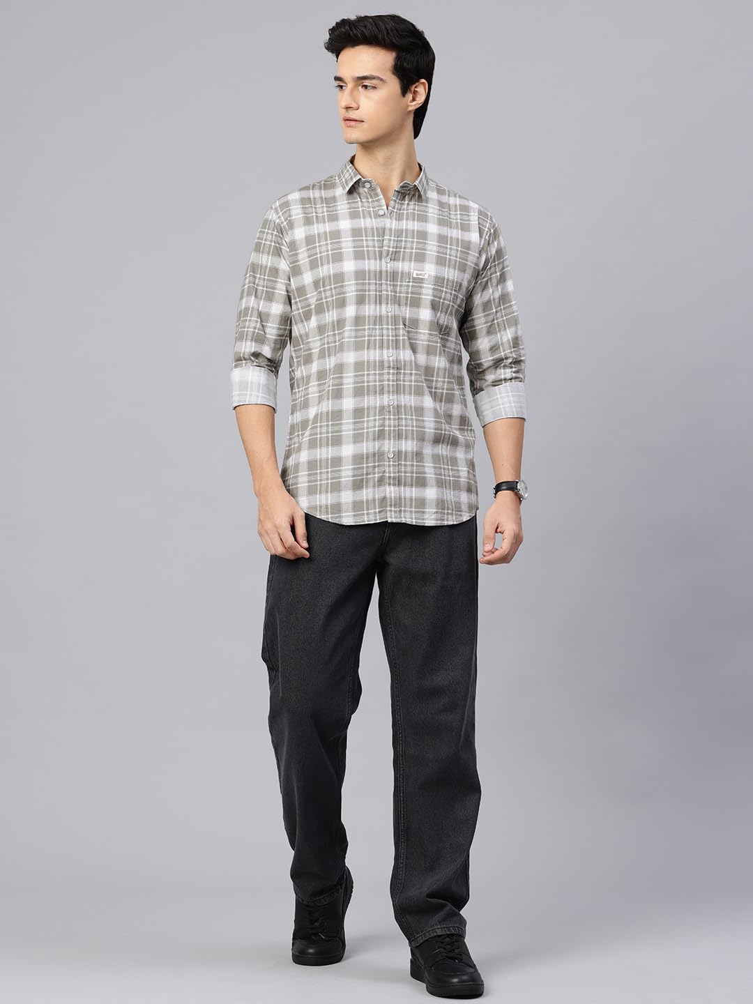 Majestic Man Checked Cotton Shirt - Dusty Olive - Image 5