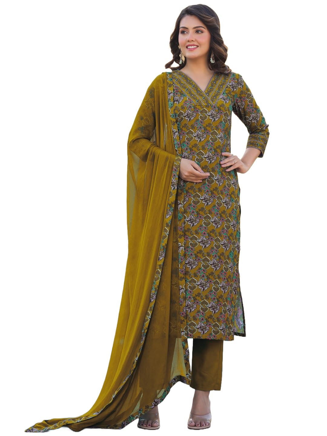 GoSriKi Women's Rayon Blend Kurta with Pant & Dupatta - Mustard