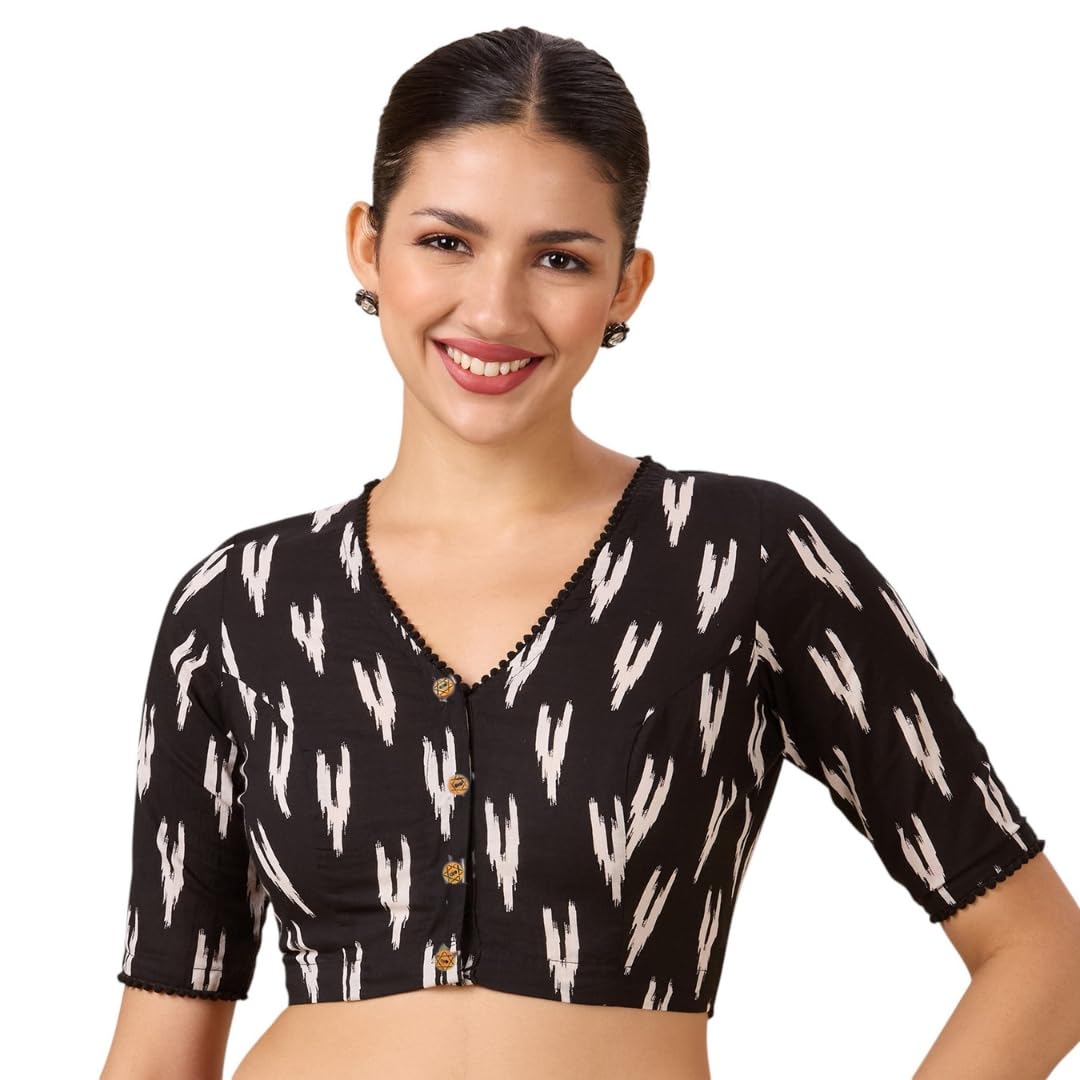 Studio Shringaar Women's Black Cotton Block Printed Saree Blouse