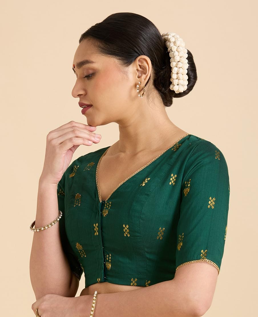 Studio Shringaar Women's Handloom Cotton Silk Saree Blouse - Green - Image 3