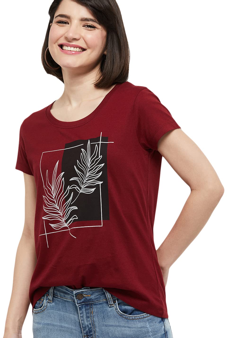 Max Women's Maroon Cotton Printed T-Shirt