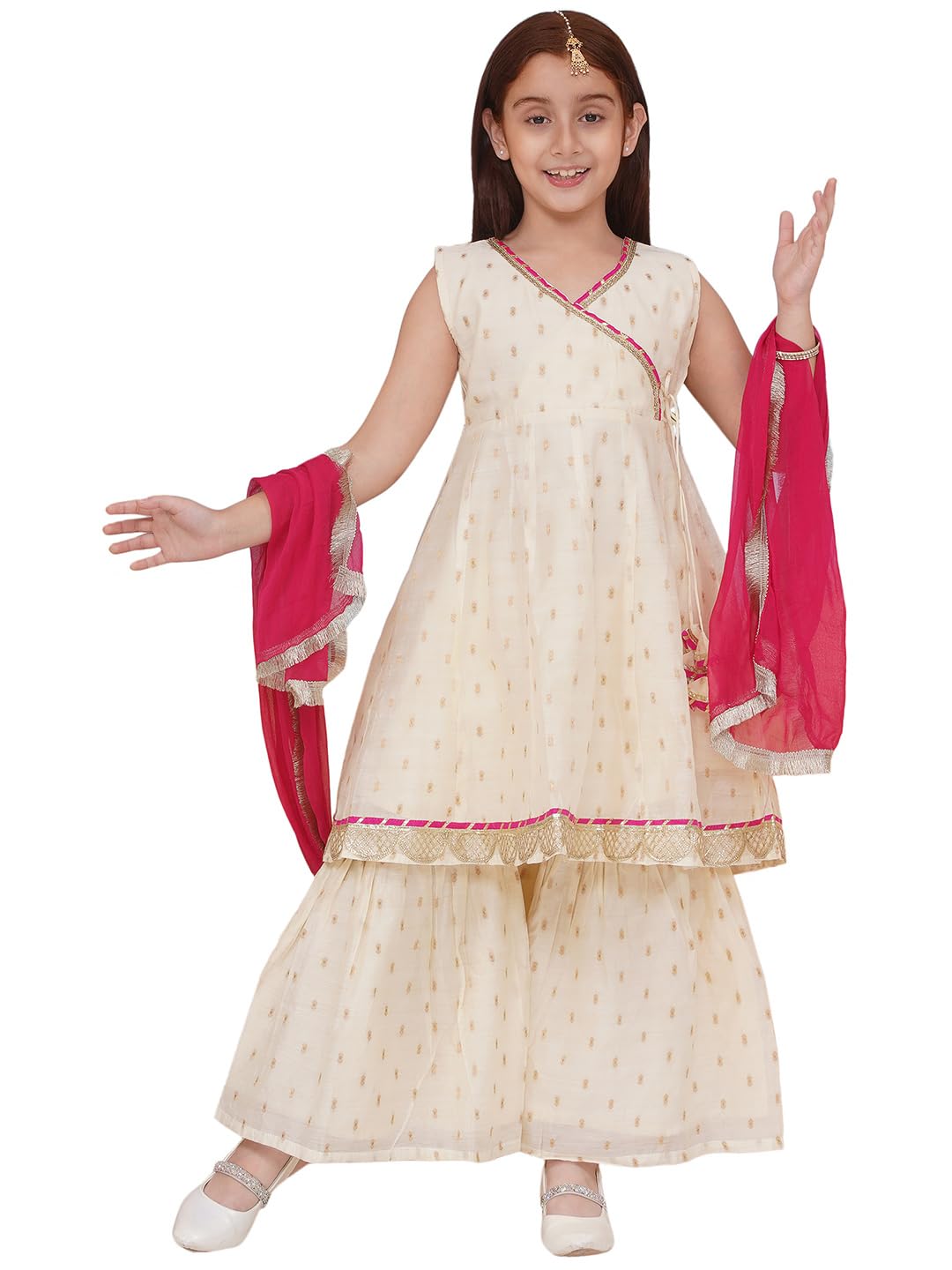Preneum Girls Cotton Rayon Angrakha Kurta - Cream
