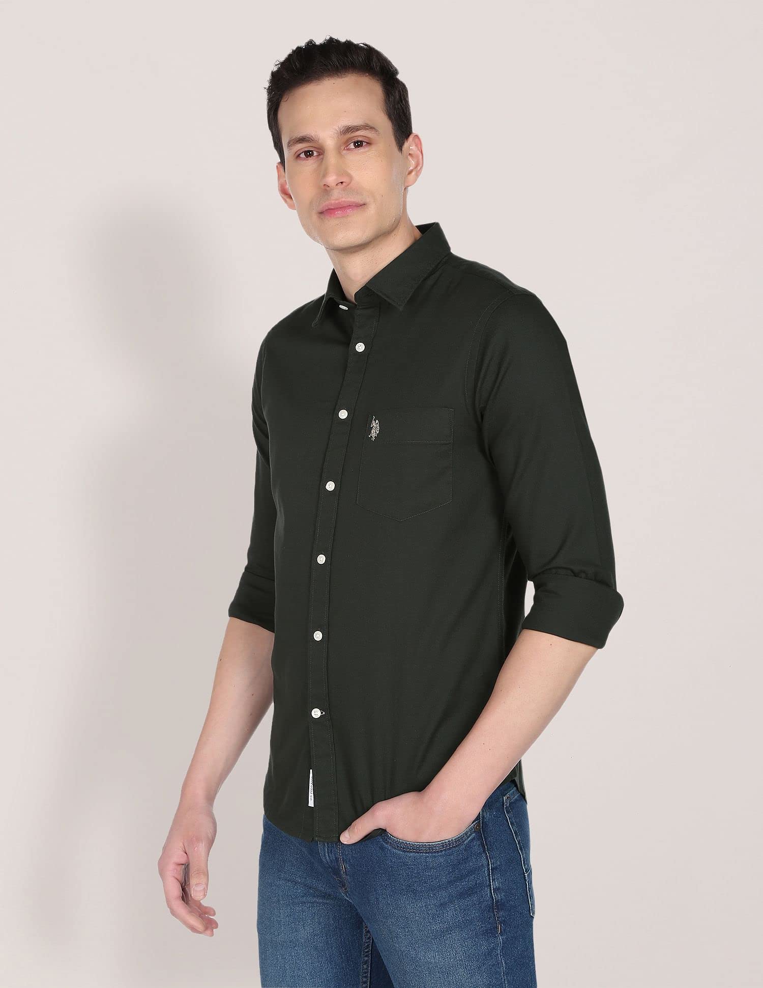 U. S. POLO ASSN. Men's Cotton Solid Shirt - Dark Green - Image 5