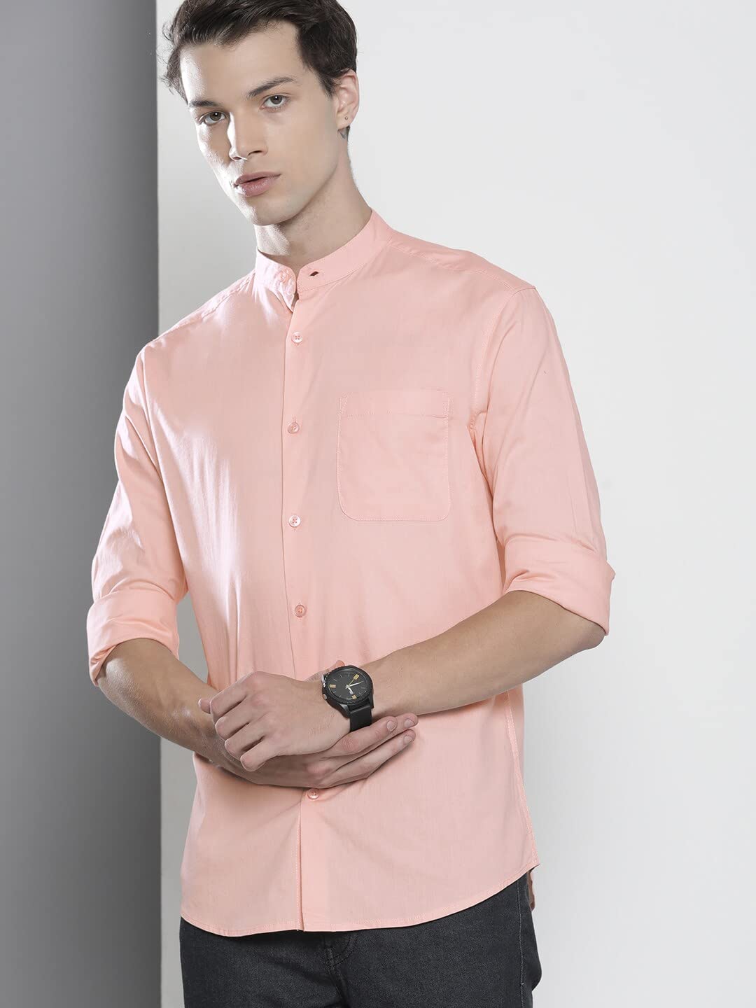 The Indian Garage Co Men's Pink Mandarin Collar Cotton Shirt - Image 5