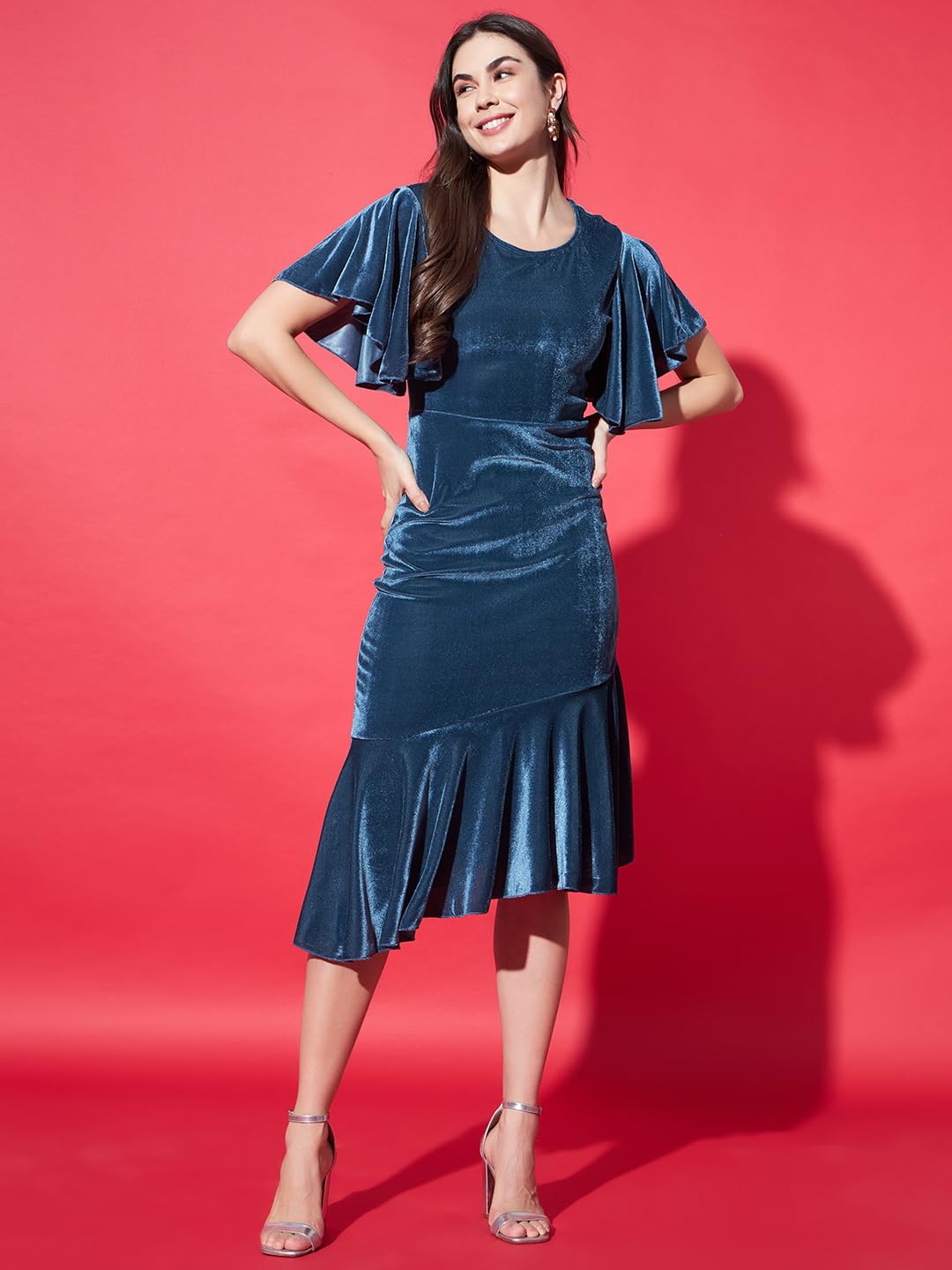 Vaararo Dark Teal Velvet Bodycon Midi Dress for Women - Image 2