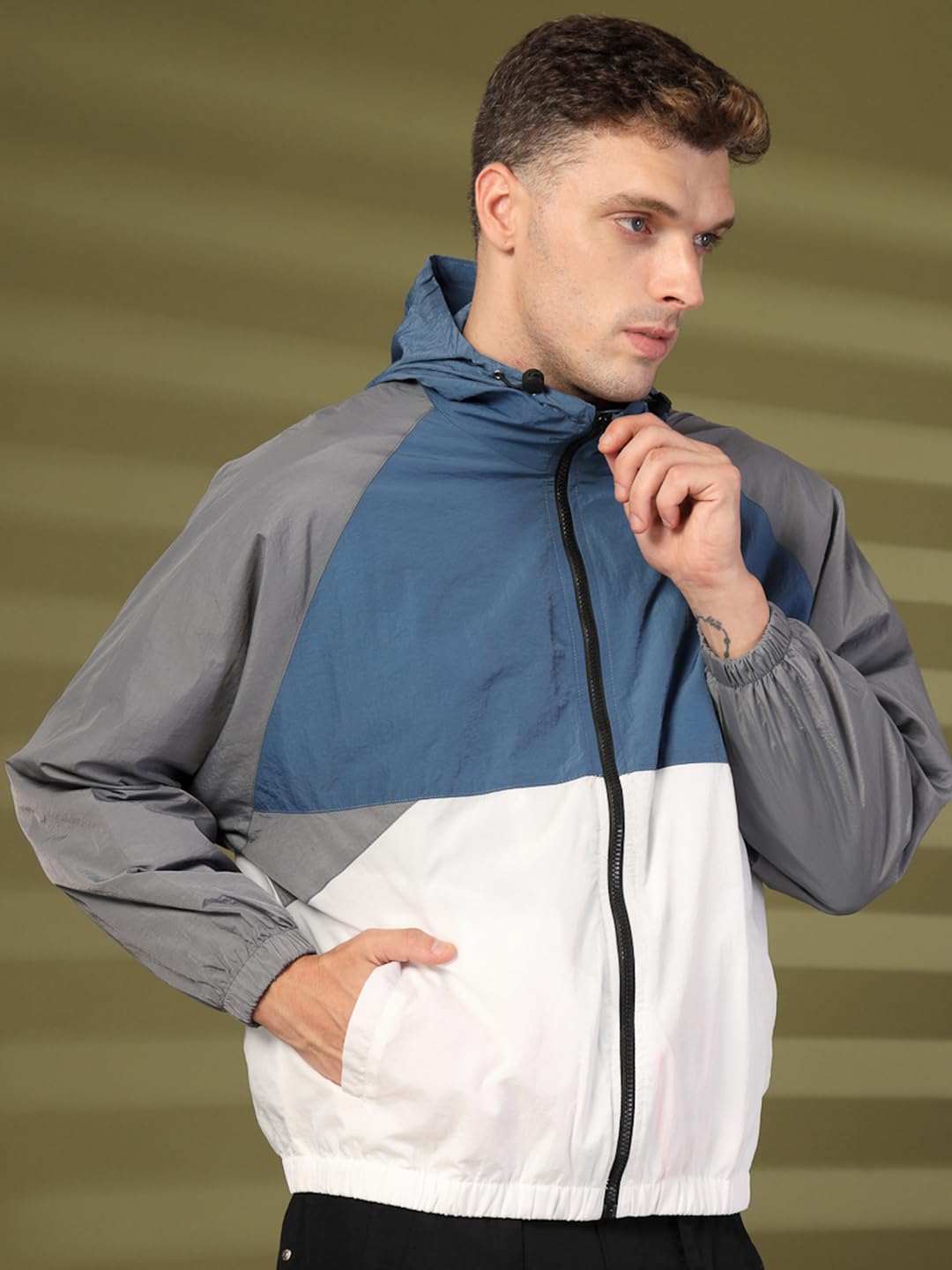 CHKOKKO Men's Oversized Windcheater Jacket - Blue White Grey - Image 4