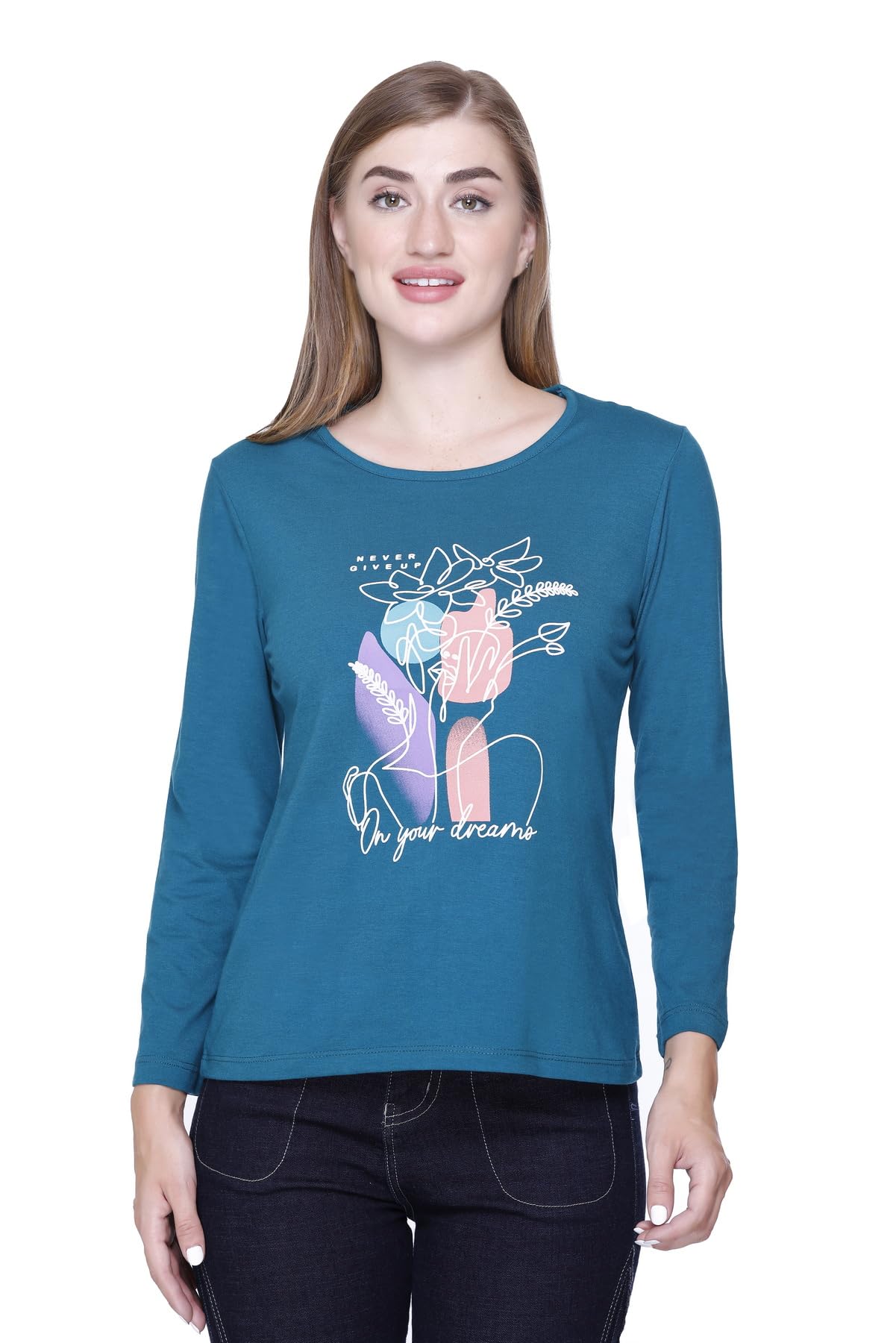 Star Touch Teal Full Sleeve Cotton T-Shirt for Women