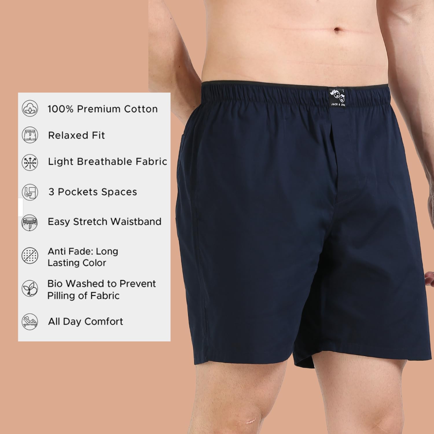 Jack and Jini Cotton Shorts for Men - Navy Blue - Image 3