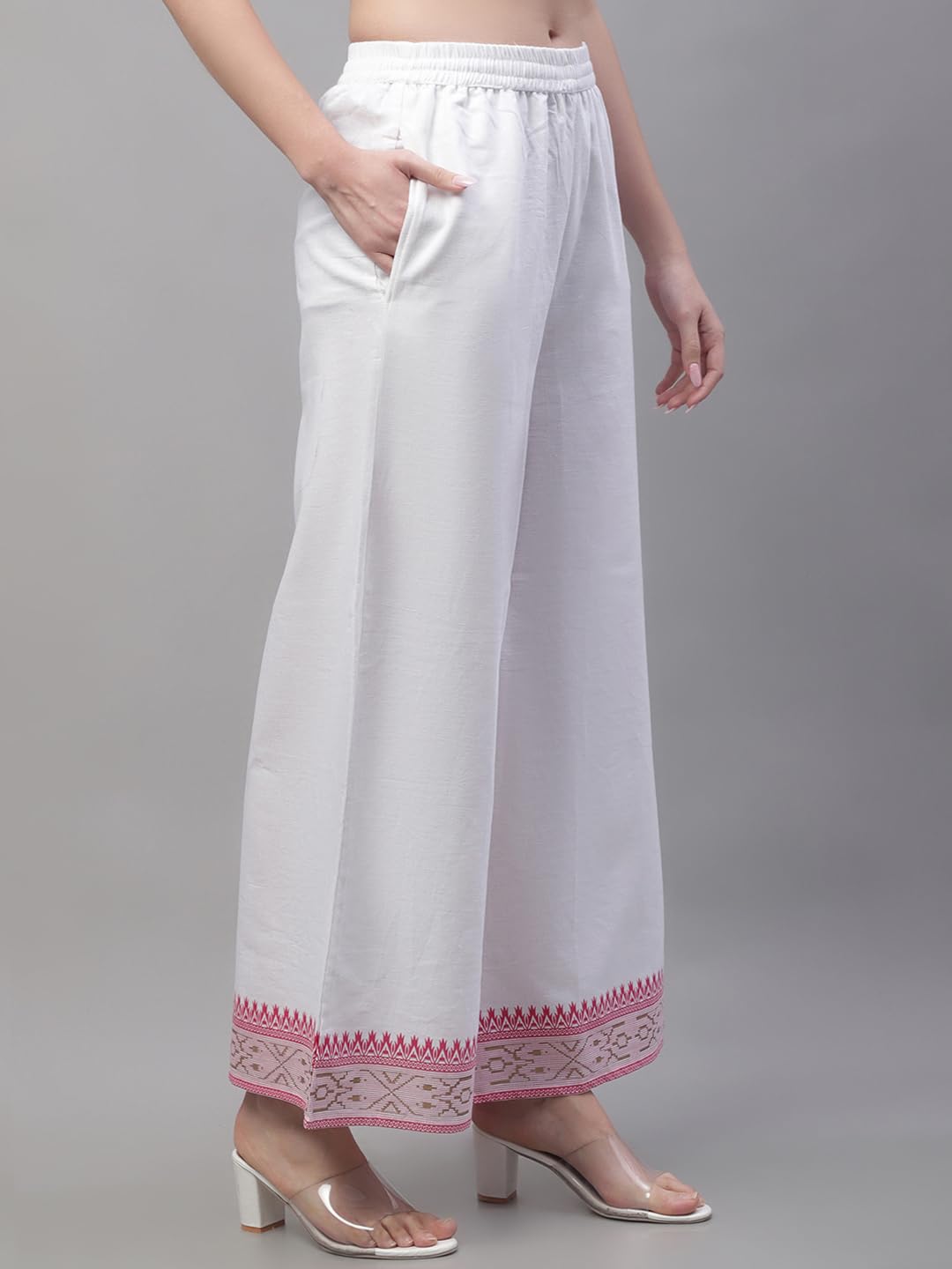 Pistaa Women Cotton Flair Printed Palazzo - White Pink - Image 3